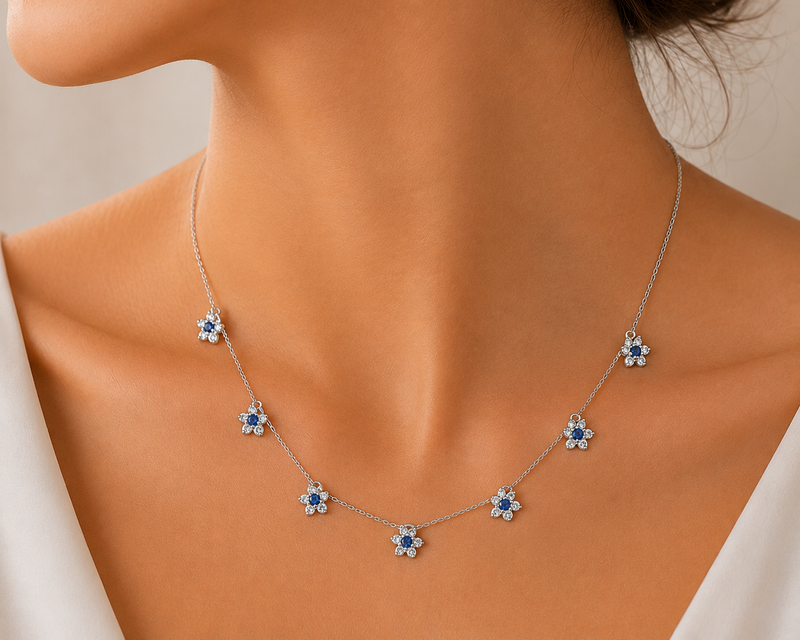 AANYA Blue CZ Floral Station Necklace