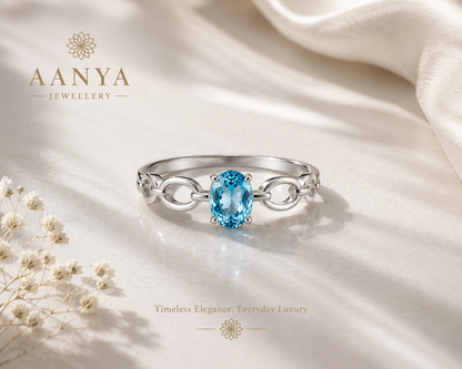 AANYA Blue Oval CZ Link Ring