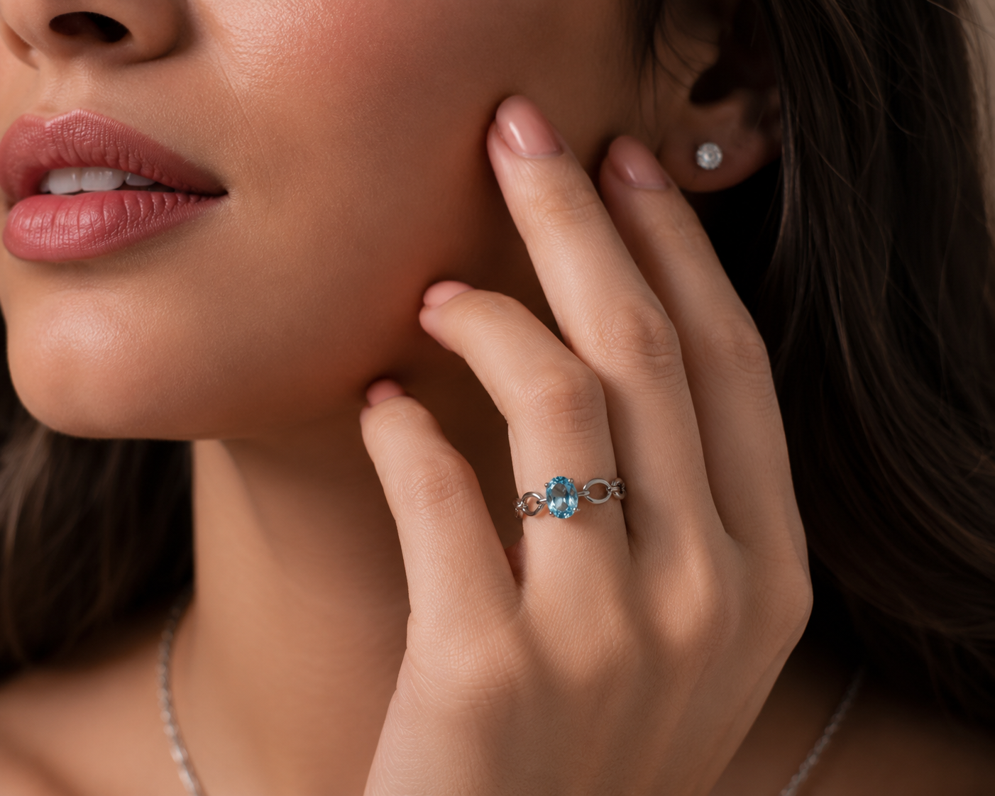 AANYA Blue Oval CZ Link Ring
