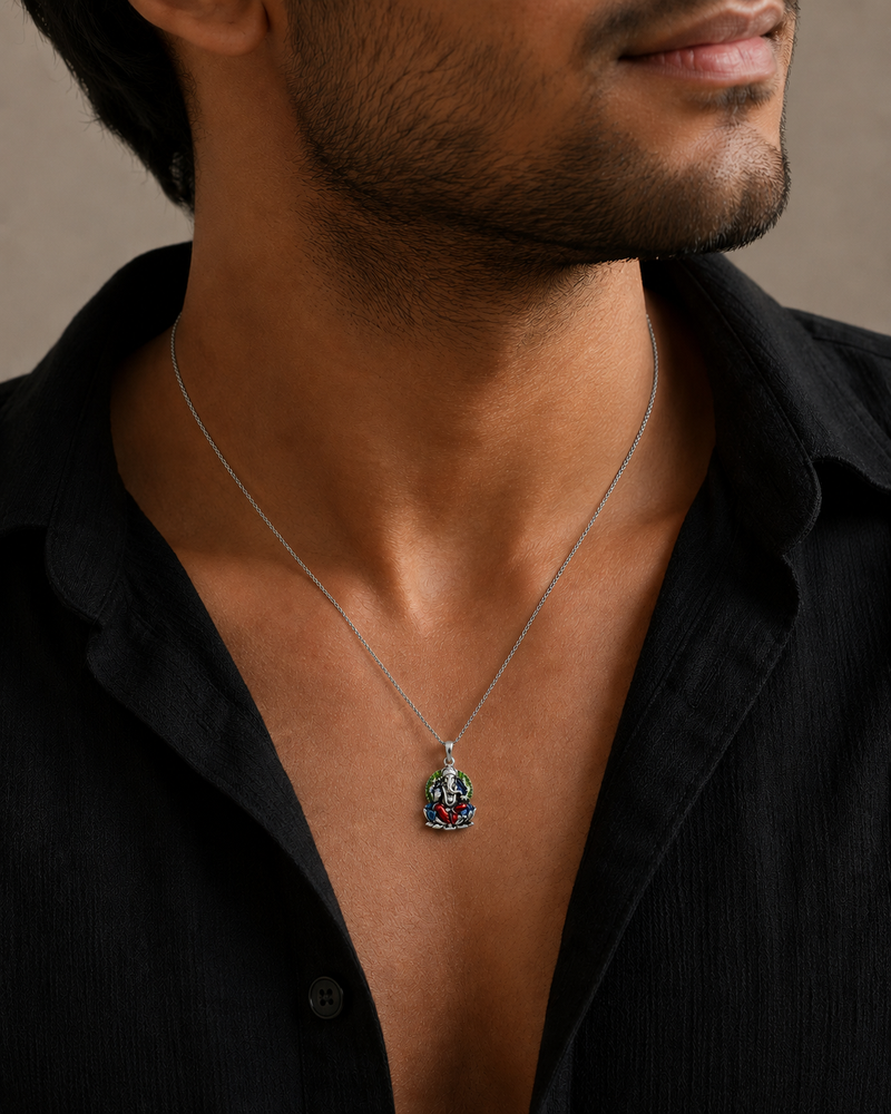 AANYA Divine Lotus Ganesha Silver Pendant