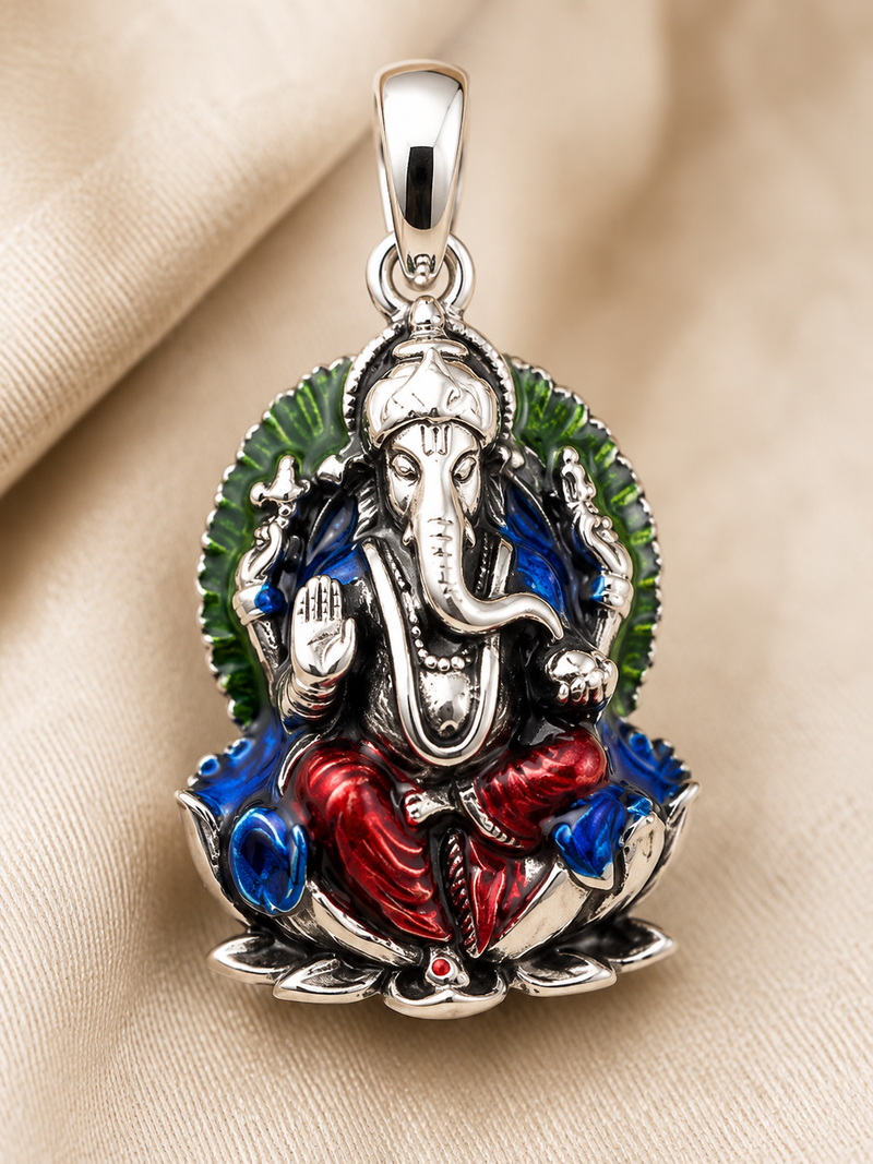 AANYA Divine Lotus Ganesha Silver Pendant