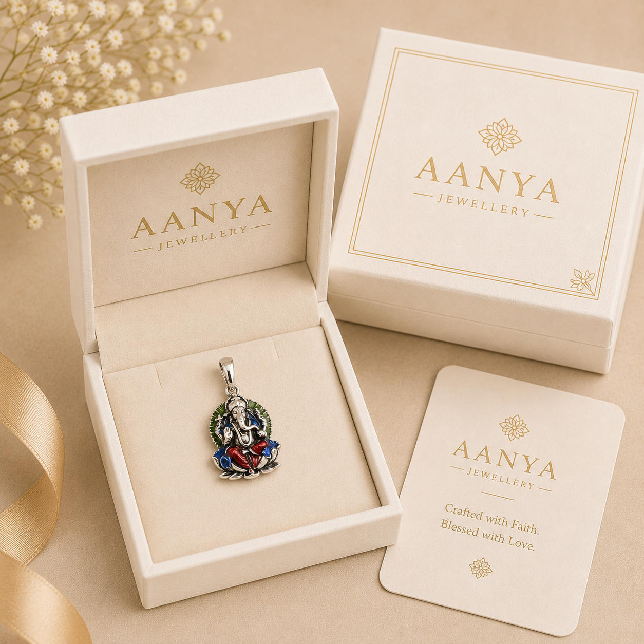 AANYA Divine Lotus Ganesha Silver Pendant