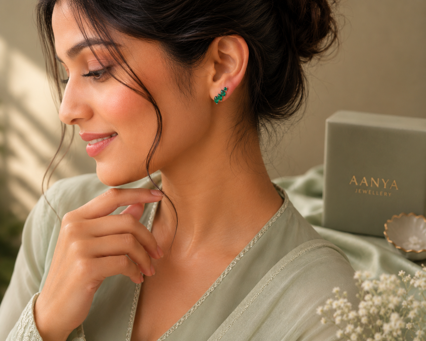 AANYA Emerald Leaf CZ Ear Climbers