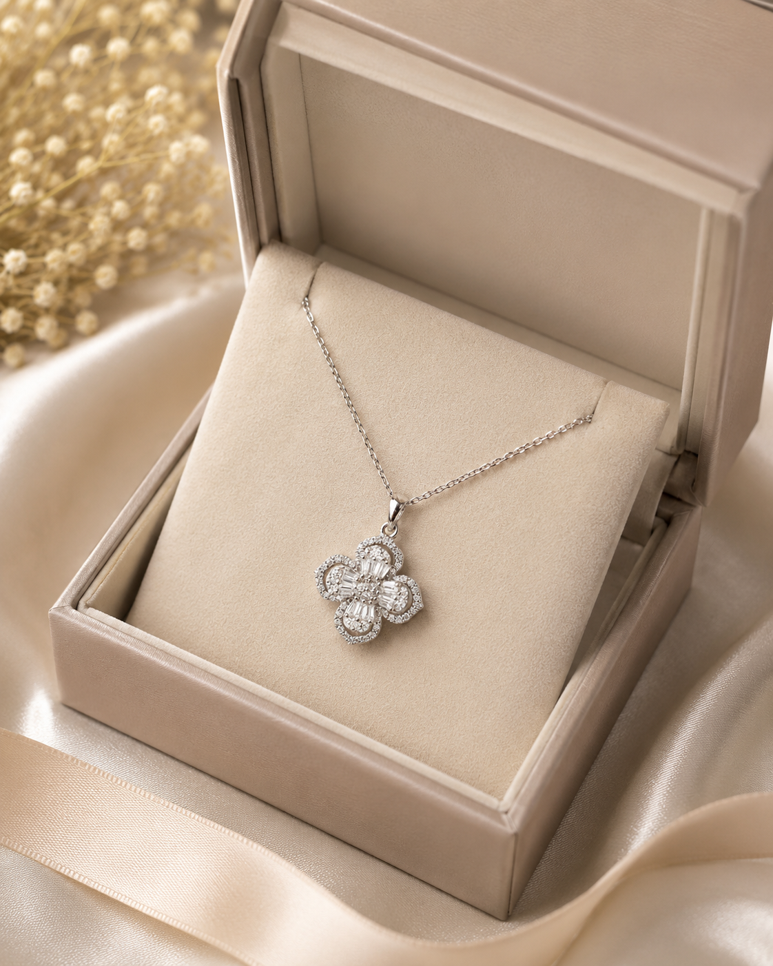 AANYA Floral CZ Spinner Silver Pendant Chain