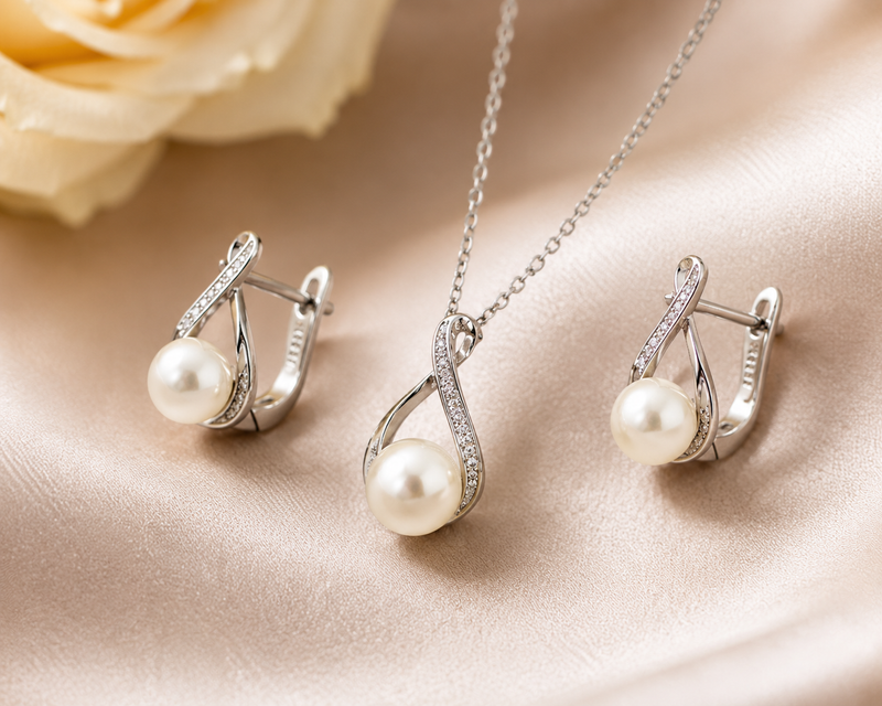 AANYA Pearl Curve CZ Pendant Set