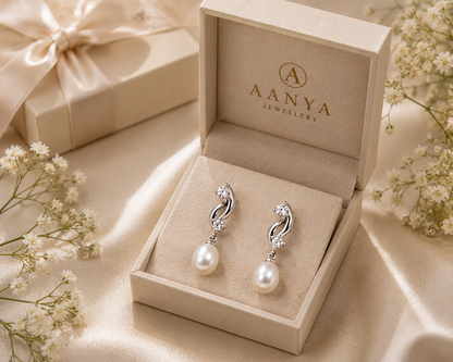 AANYA Pearl Twist CZ Silver Drop Earrings