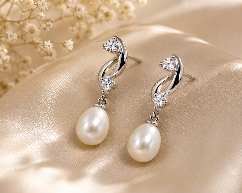 AANYA Pearl Twist CZ Silver Drop Earrings