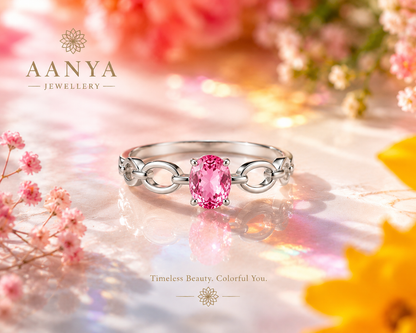 AANYA Pink Oval CZ Link Ring