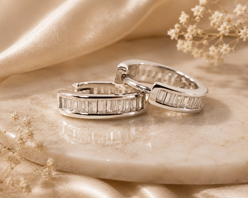 Side profile view of slim CZ hoop earrings highlighting craftsmanship