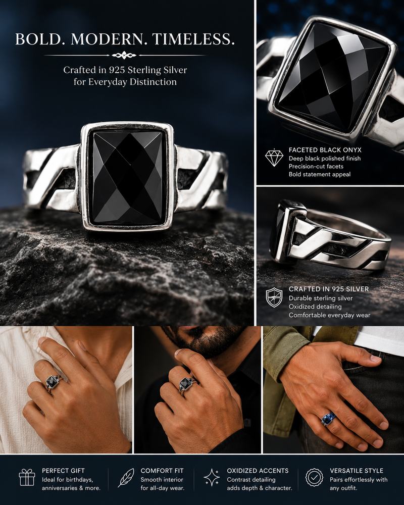 Silver ring with black gemstone on a dark background, shown on hands.