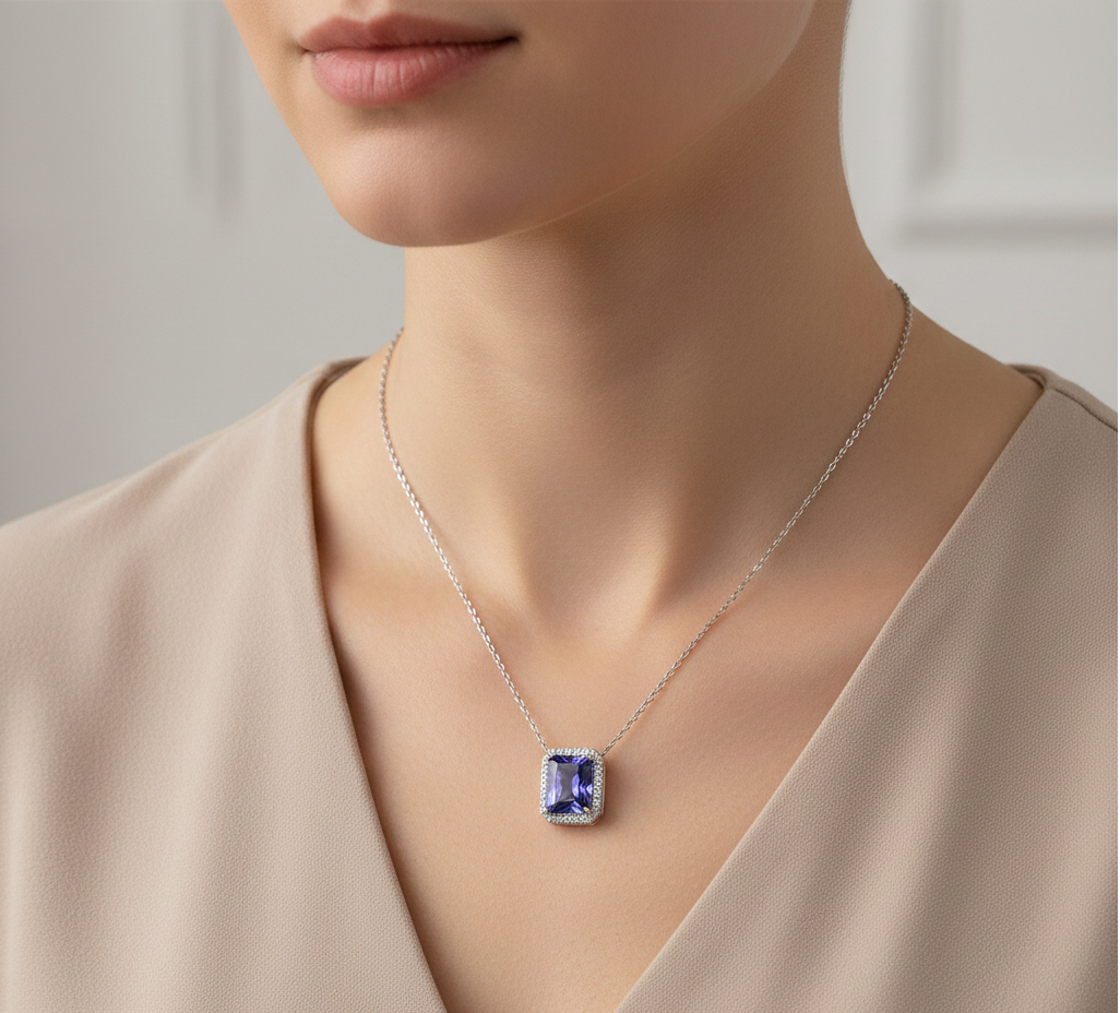 Tanzanite Blue Solitary Pendent Chain