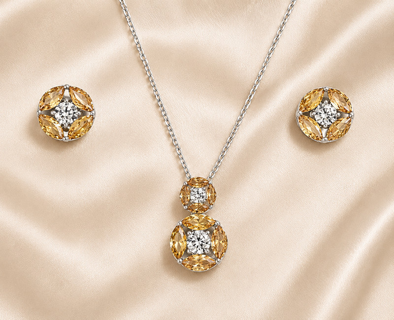 Champagne Bloom Cubic Zirconia Pendant & Stud Earring Set