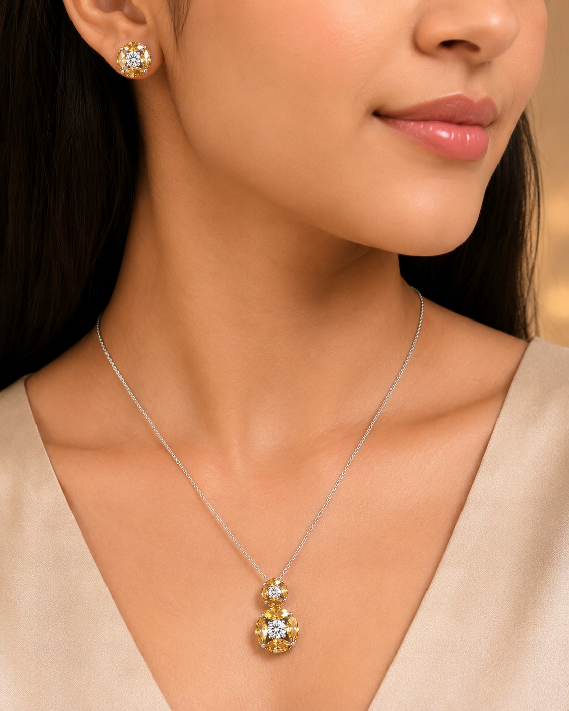 Champagne Bloom Cubic Zirconia Pendant & Stud Earring Set