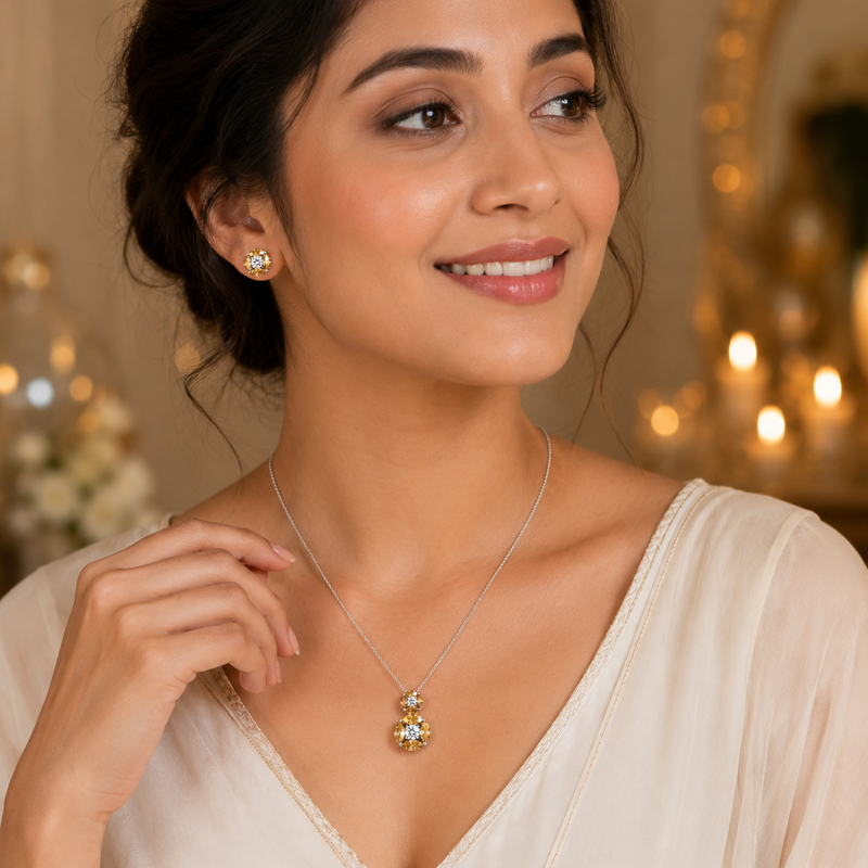 Champagne Bloom Cubic Zirconia Pendant & Stud Earring Set