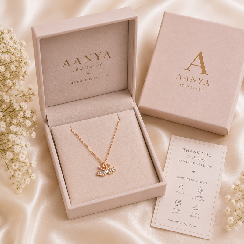 Twin Swan CZ Silver Pendant presented in premium AANYA Jewellery gift box