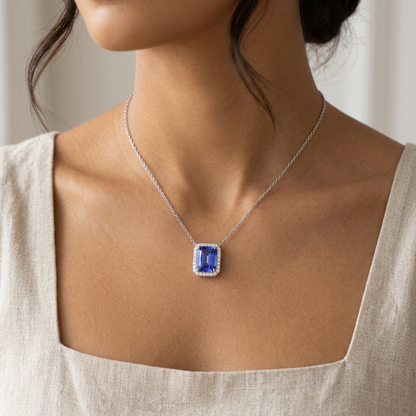 Female model wearing AANYA Tanzanite Blue Solitaire Pendant Chain with elegant styling