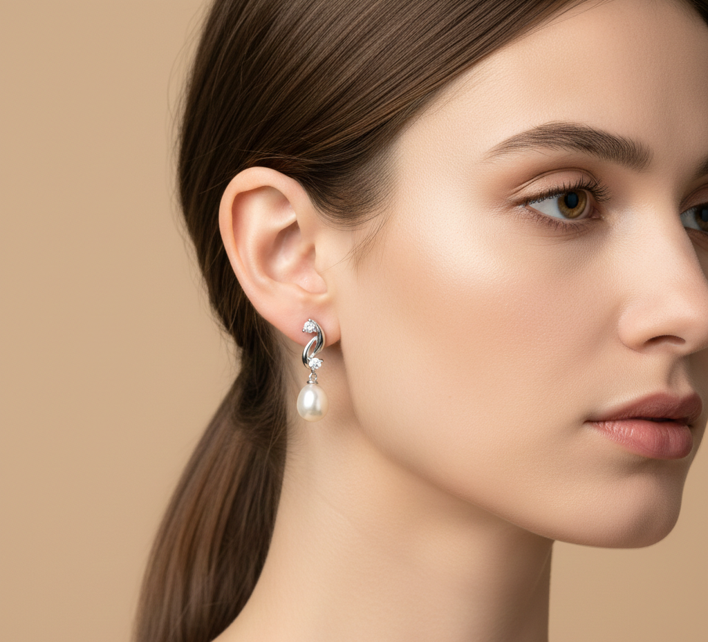 Pearl Twist CZ Silver Drop Earrings