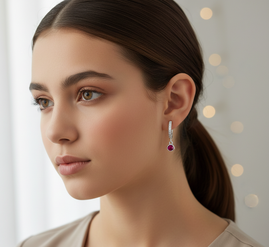 Ruby Accent CZ Hoop Earrings