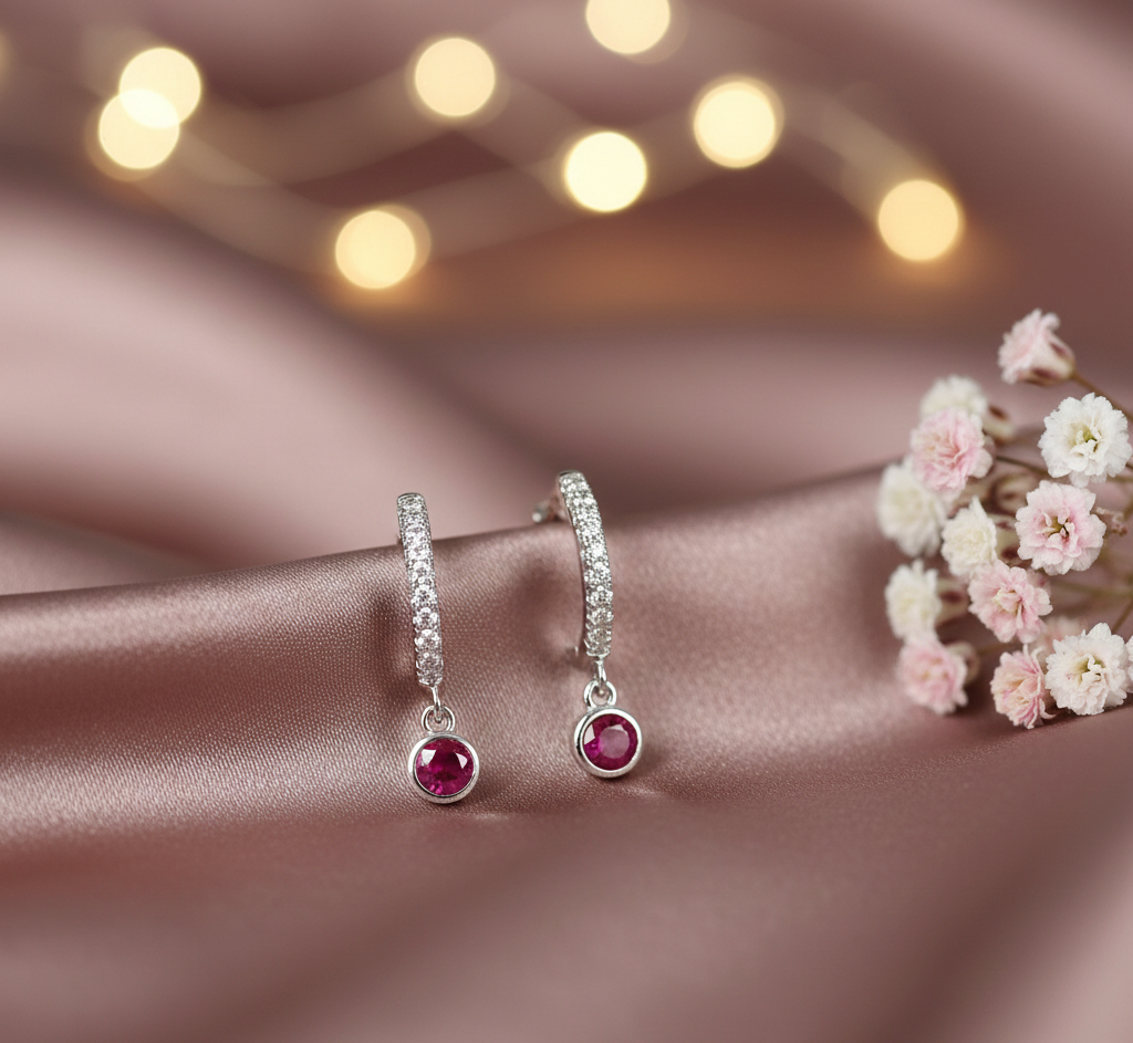 Ruby Accent CZ Hoop Earrings