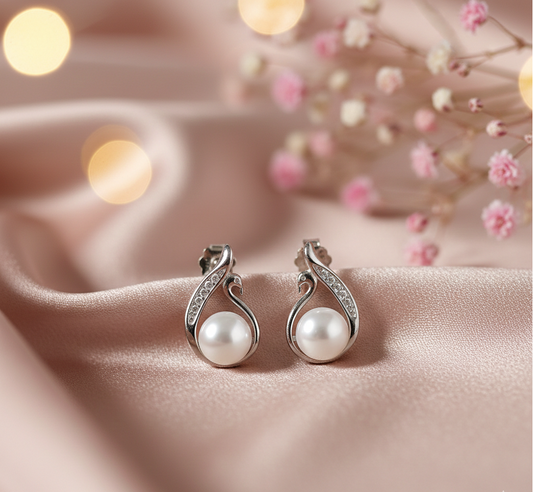 Pearl Curve CZ Stud Earrings