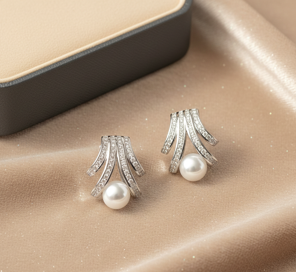 Pearl Fan CZ Stud Earrings