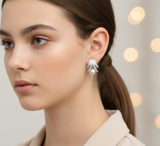 Pearl Fan CZ Stud Earrings