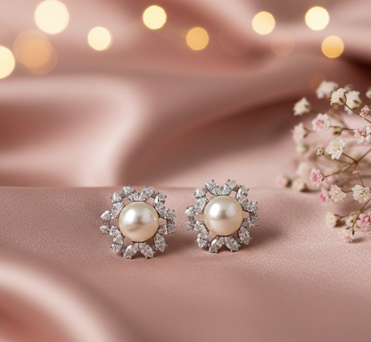 Pearl Halo CZ Stud Earrings