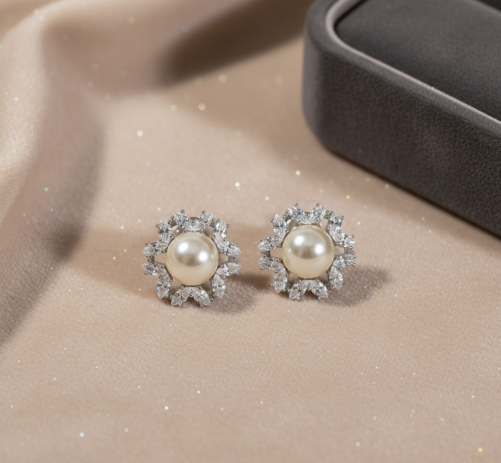 Pearl Halo CZ Stud Earrings