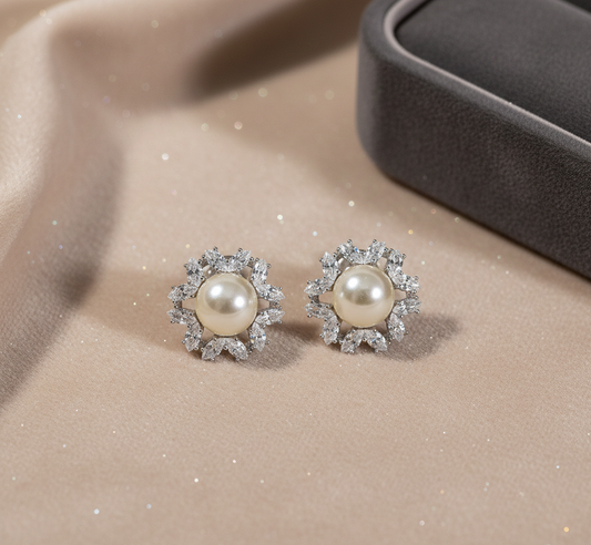 Pearl Halo CZ Stud Earrings