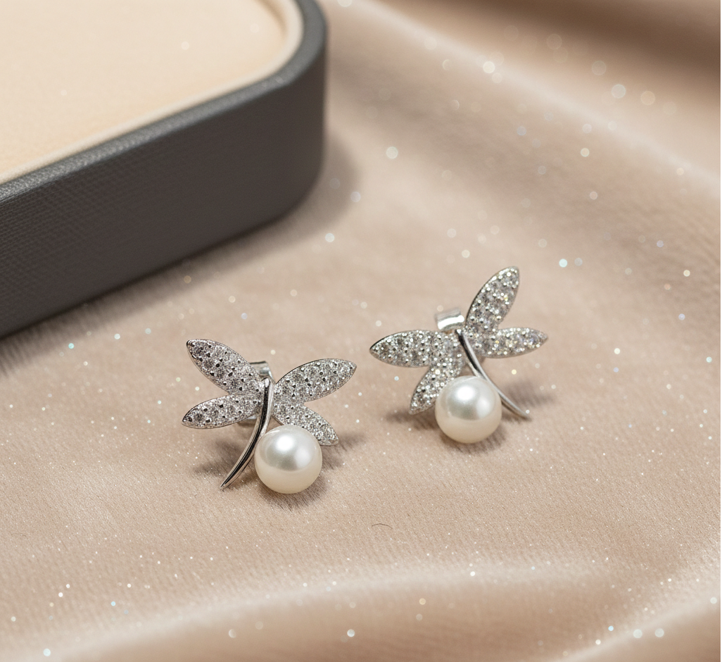Pearl Dragonfly CZ Stud Earrings