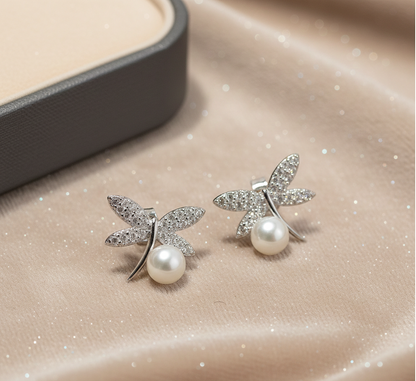 Pearl Dragonfly CZ Stud Earrings
