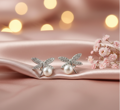 Pearl Dragonfly CZ Stud Earrings