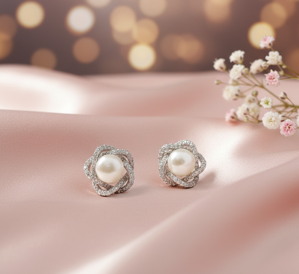 Intertwined Pearl CZ Stud Earrings