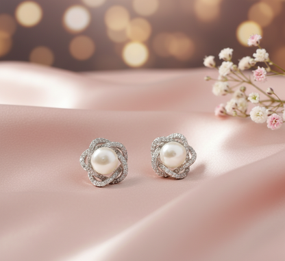 Intertwined Pearl CZ Stud Earrings