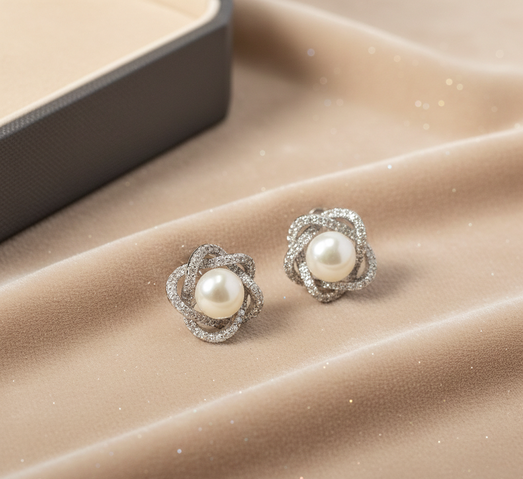 Intertwined Pearl CZ Stud Earrings