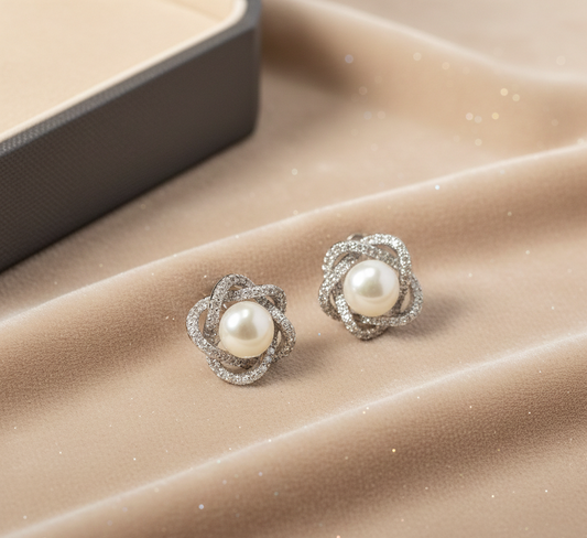 Intertwined Pearl CZ Stud Earrings