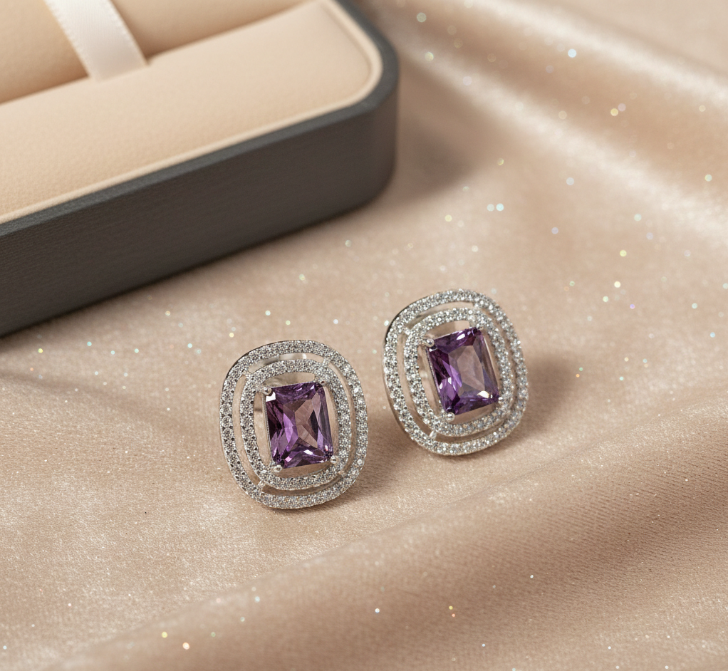 Violet Cushion Halo Stud Earrings