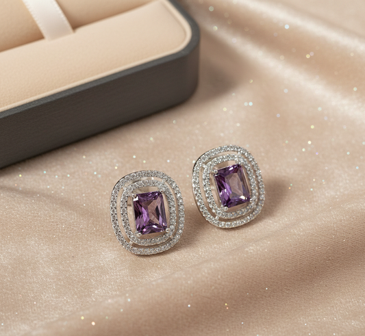 Violet Cushion Halo Stud Earrings