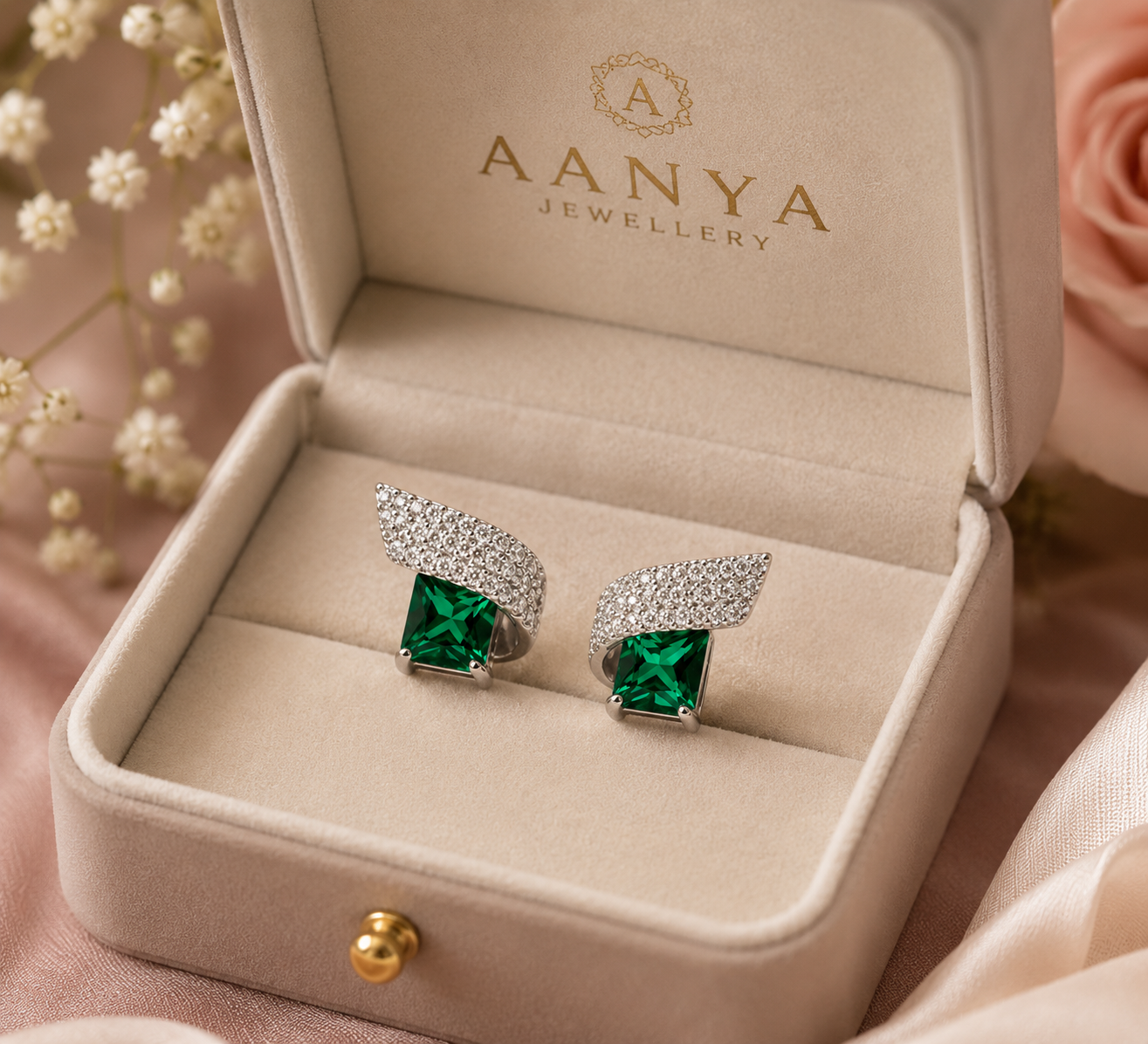 AANYA Emerald Winged CZ Stud Earrings