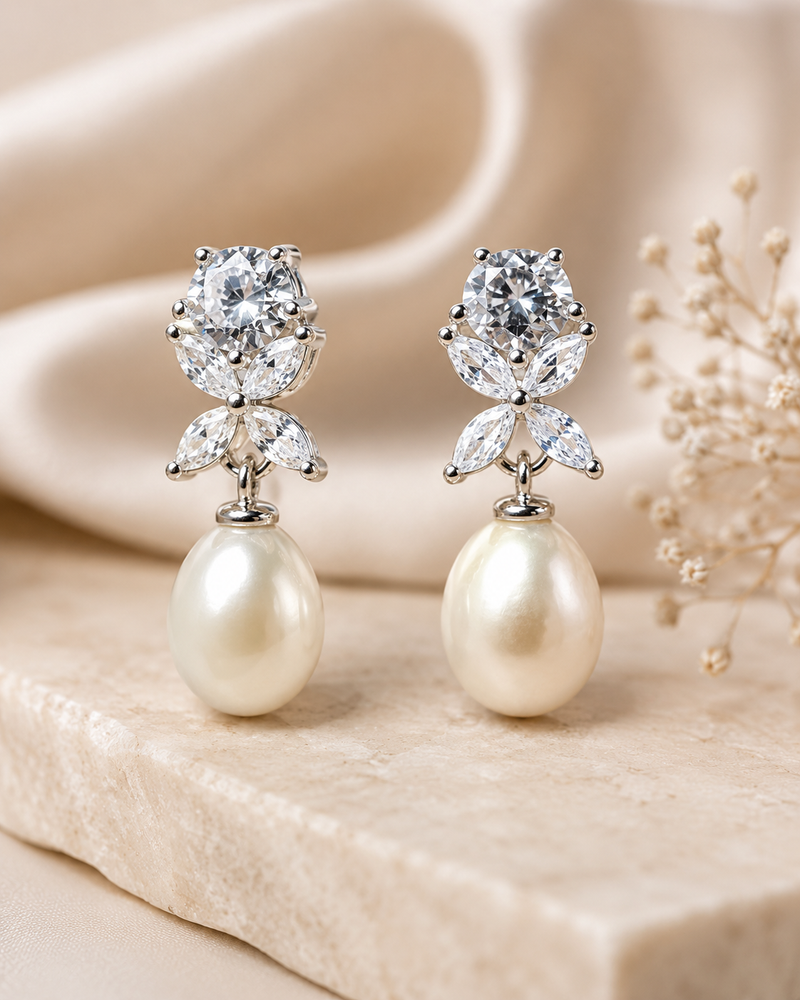 AANYA Flora Pearl CZ Drop Earrings