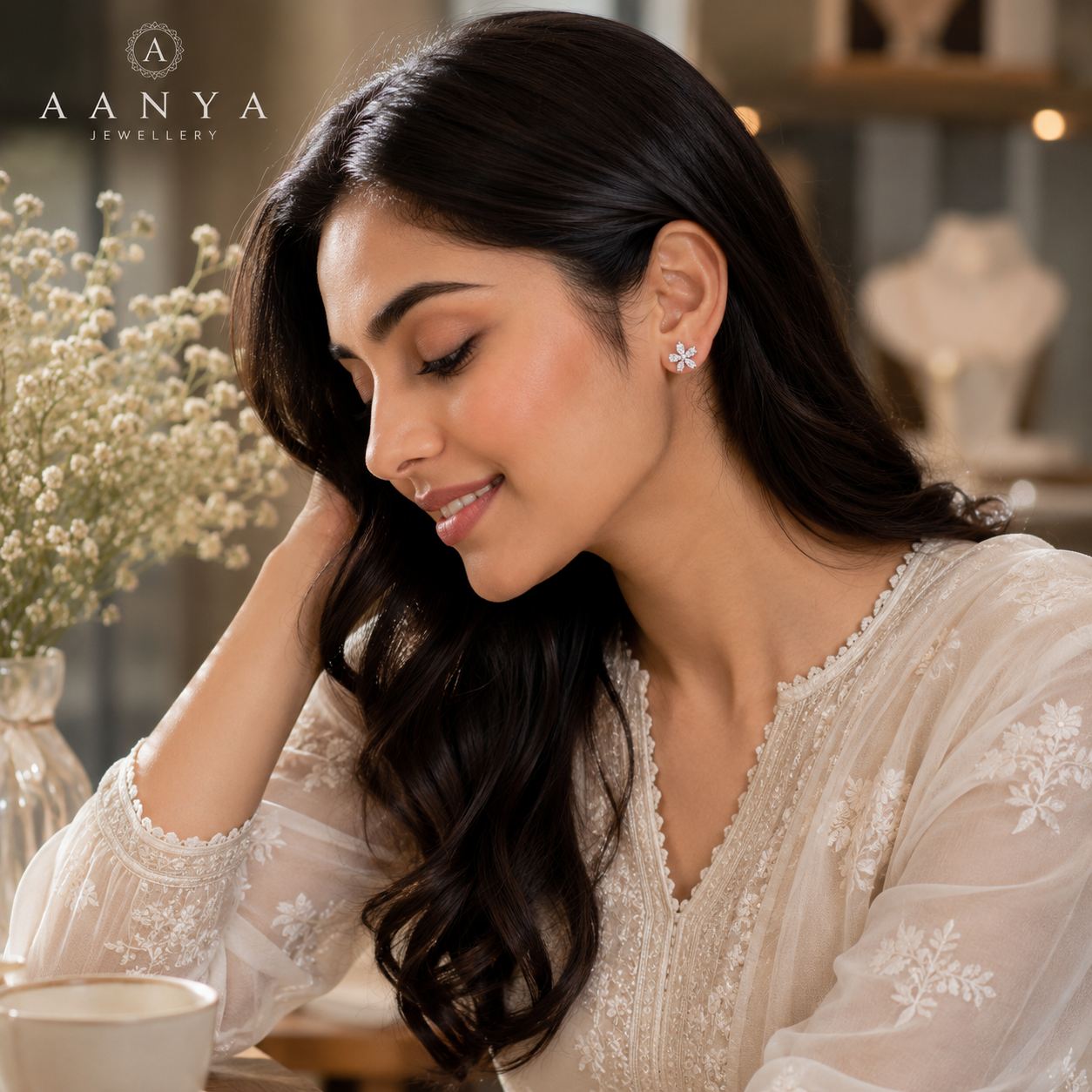 AANYA Floral CZ Cross Stud Earrings