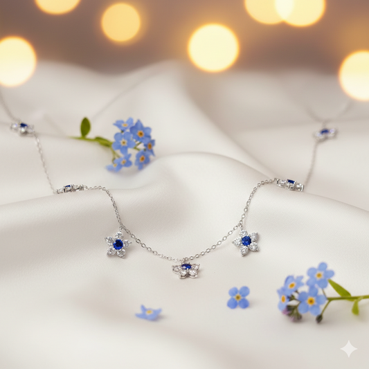 Blue CZ Floral Station Necklace