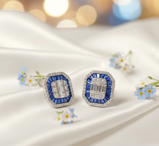 Royal Blue Cushion CZ Stud Earrings