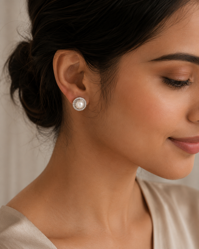 Intertwined Halo Pearl Stud Earrings