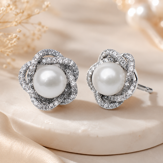 AANYA Intertwined Pearl CZ Stud Earrings