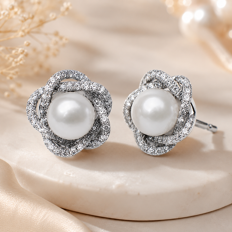 AANYA Intertwined Pearl CZ Stud Earrings