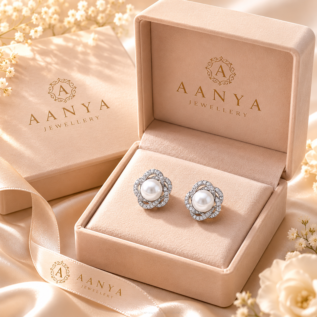AANYA Intertwined Pearl CZ Stud Earrings