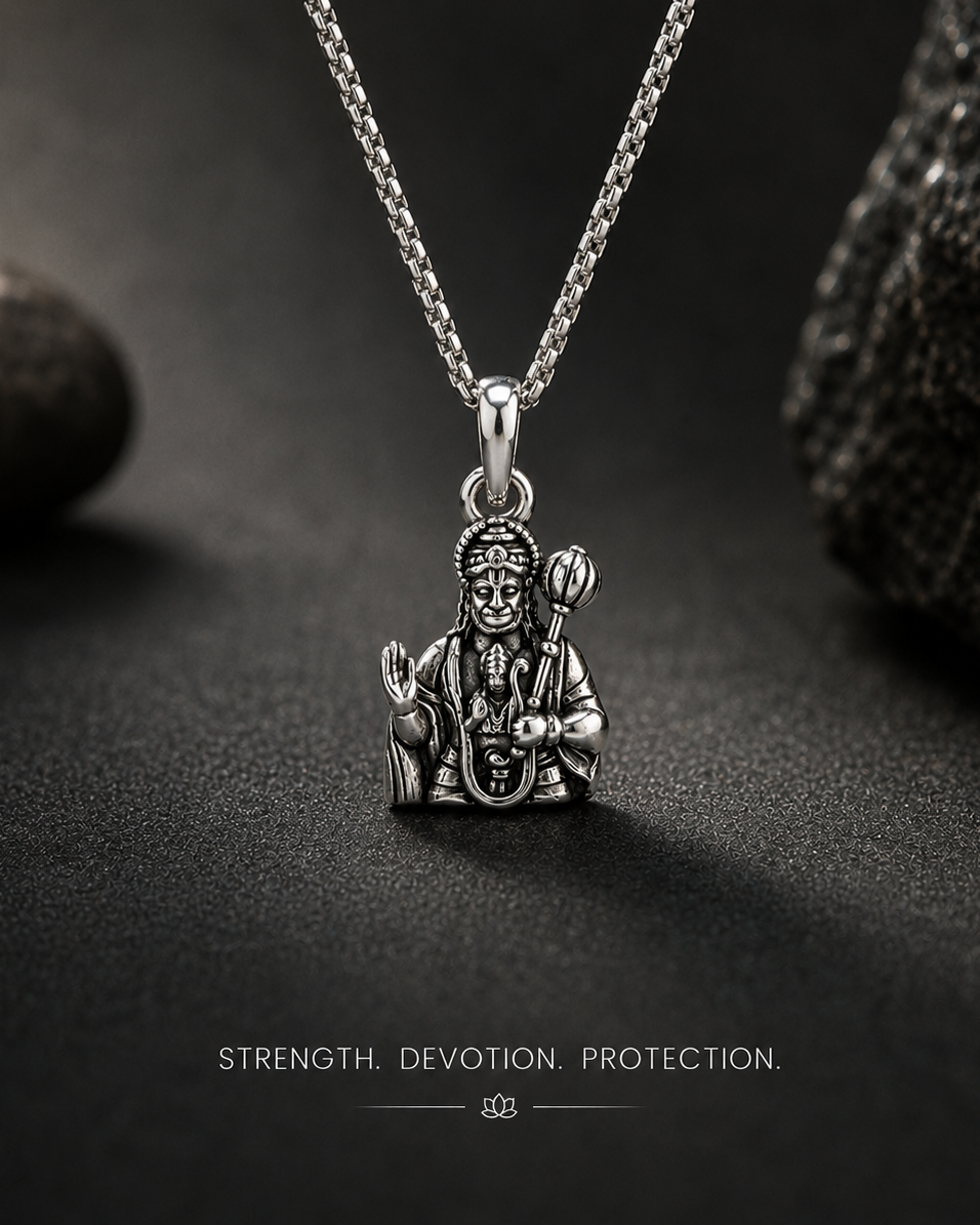 Close-up of Lord Hanuman pendant showcasing intricate silver detailing