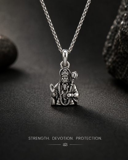 Close-up of Lord Hanuman pendant showcasing intricate silver detailing