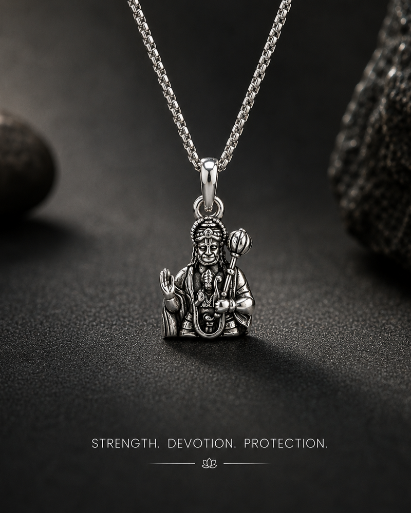 Close-up of Lord Hanuman pendant showcasing intricate silver detailing